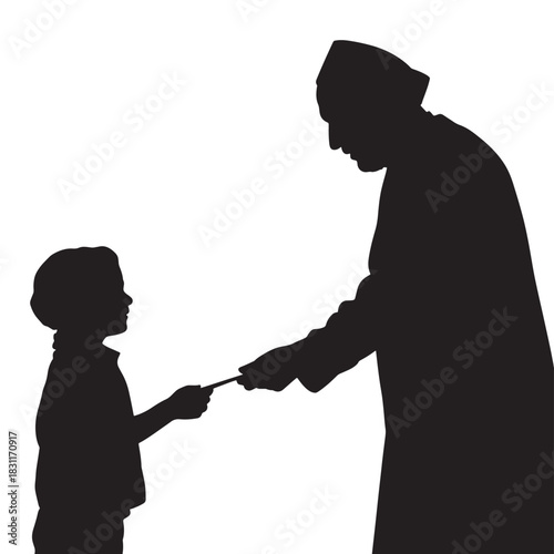 Silhouette of an adult giving a child a pen vector illustration isolated on white symbolizing education and mentorship