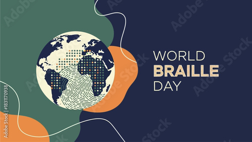 Celebrate World Braille Day with this modern graphic featuring the earth with a fingerprint design, ideal for promoting awareness and education about accessibility needs