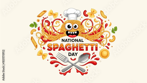 Celebrate National Spaghetti Day with this fun cartoon illustration of pasta, sauce, and utensils that's perfect for social media, restaurant promotions, and food blogs