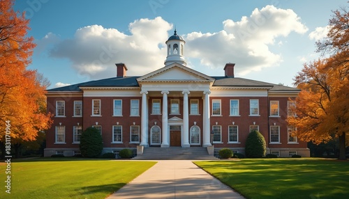 Red brick school building with white columns and dome sits on green lawn. Autumn trees with orange leaves frame classic architecture under blue sky with clouds. Educational institution facade.