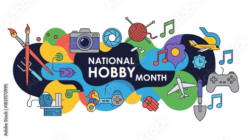 Celebrate National Hobby Month with vibrant visuals of diverse activities like painting, photography, travel, music, crafting, gardening, and gaming for a fun and creative campaign