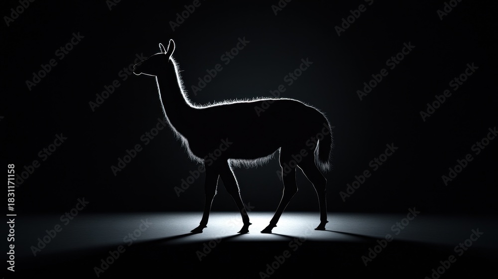 Naklejka premium Llama silhouette art print black and white animal photography wildlife shadow animal portrait dark background