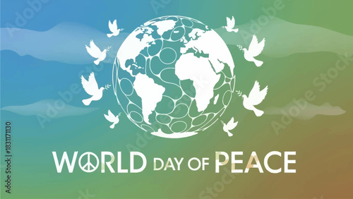 Promote World Day of Peace with a symbolic globe and flying doves, perfect for campaigns advocating global harmony, unity, and international cooperation towards a peaceful future