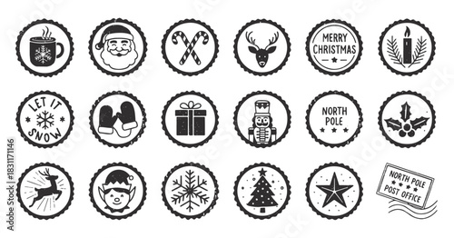 Collection of monochrome Christmas stamps with grunge texture. Includes Santa, reindeer, snowflakes, and typography. Vector illustration perfect for greeting cards, invitations, and winter decoration.
