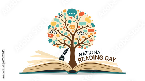 Celebrate National Reading Day with a whimsical tree of knowledge growing from an open book, inspiring imagination, literacy, and a love of learning in colorful style