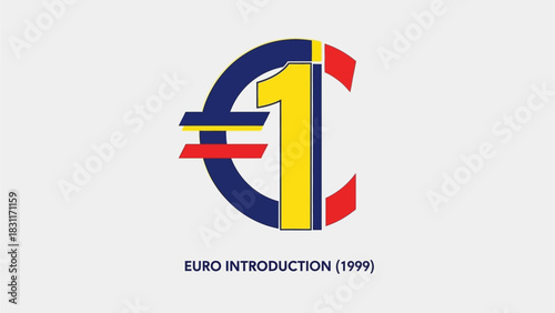 Euro currency symbol illustration marking its 1999 introduction, representing global finance, economic stability, and European financial integration with a modern design for business use