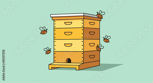 Beehive with bees buzzing around in a clear sky. Beehive depicts charming details with a yellow structure and drawers, attracting attention of busy honey bees.