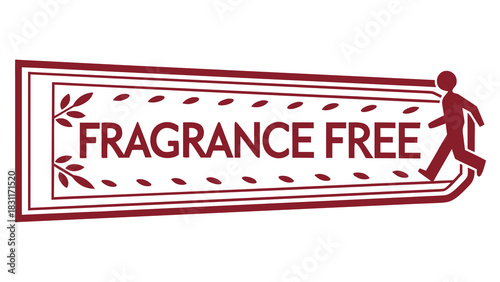 Fragrance-free sign with decorative borders and figure walking away, indicating a scent-free environment. Fragrance-free signs promote awareness, providing clear communication in public spaces.