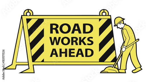 Road works ahead sign with construction worker using broom for cleanup. Road works ahead are critical for safe passage and community improvements.