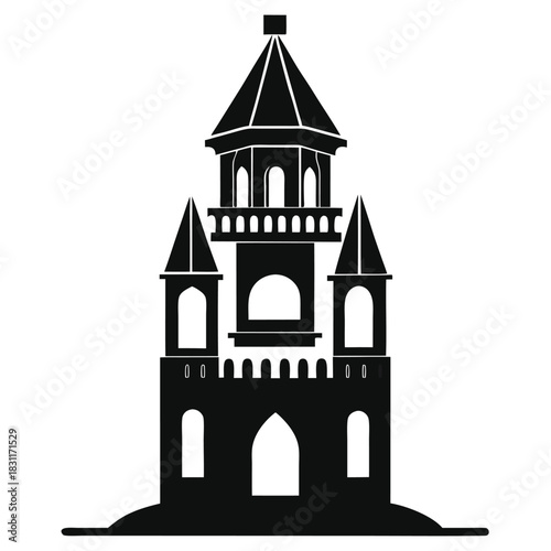 A majestic black castle silhouette possesses intricate towers, walls and arched openings that create an iconic architectural image