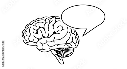 Brain with speech bubble concept for communication and idea sharing. Brain illustration symbolizes thinking and cognitive processes while the speech bubble represents dialogue and expression.