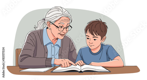 Elderly tutor with student engaged in reading activity at table, showcasing joyful interaction and learning process. Elderly tutor patiently assists student with reading material
