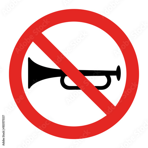 No horn symbol in red circle with diagonal line. Graphic representing prohibition of trumpet sounds with clear visual message. Use in signage to indicate noise restrictions or quiet zones.