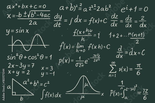 a large green board with mathematical formulas and equations written chaotically in white chalk