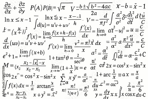 A classic “math cheat sheet” (formula sheet), very densely written in small handwriting, containing hundreds of formulas from various sections.