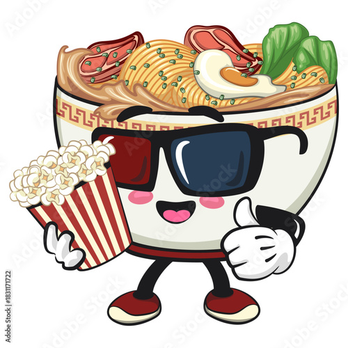 cute ramen noodle bowl mascot with a bucket of popcorn with wearing 3d glasses, kawaii asian food cartoon vector illustration, work of hand drawn