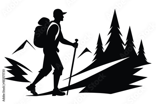 Silhouette of a hiker walking through the forest with a backpack and trekking pole