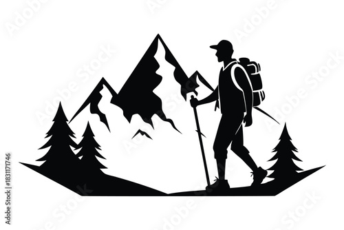 Silhouette reveals hiker ascending mountain trail, wearing backpack and using walking stick for support