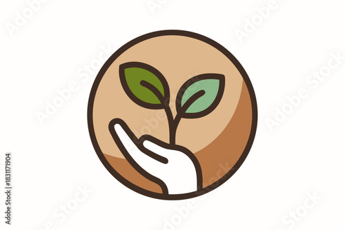 Hand holding a growing plant sprout in a circle icon