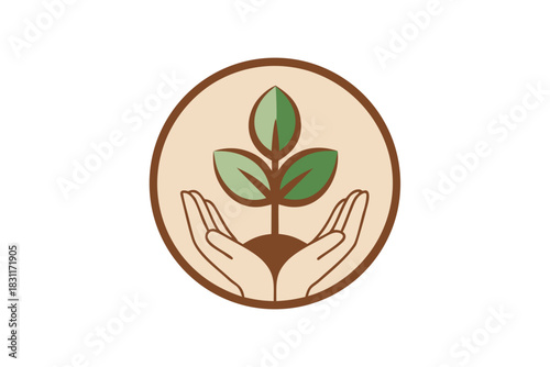 Hands holding a growing plant in a circle emblem