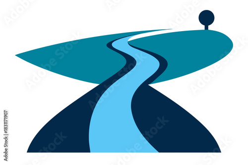 Stylized flowing river and landscape with a single tree