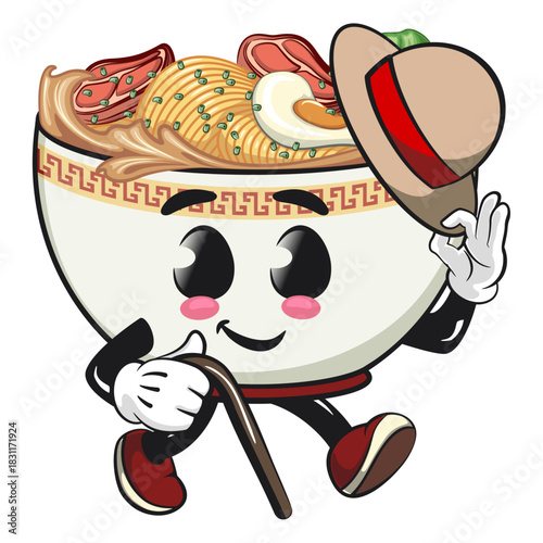 cute ramen noodle bowl mascot walk with a stick and saluting with raised hat, kawaii asian food cartoon vector illustration, work of hand drawn