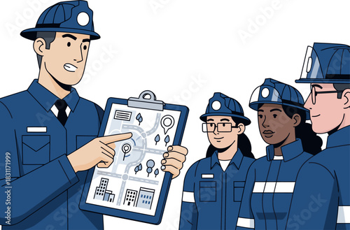 A construction team coordinates on a map, demonstrating leadership and teamwork. Clear composition, professional setting. Ideal for business and collaboration visuals.