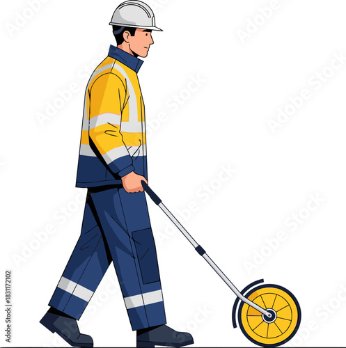 A construction worker measures distance with a wheel measuring device. Clear, bright illustration. Suitable for commercial use.