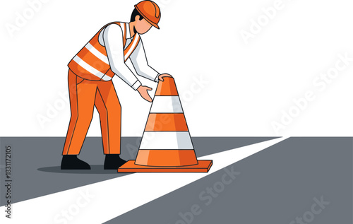 Construction worker marks a safety zone with traffic cones. Bright orange vest and hard hat highlight the warning. Clear, professional illustration.