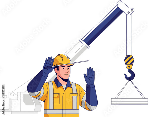 A construction worker operates a signal crane, directing a load with clear hand signals. Professional, dynamic, and visually engaging.