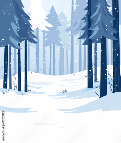Peaceful winter forest with tall snow-covered trees and soft falling snow Calm, atmospheric and elegant nature scene perfect for holiday background, seasonal design, greeting card, cozy winter project