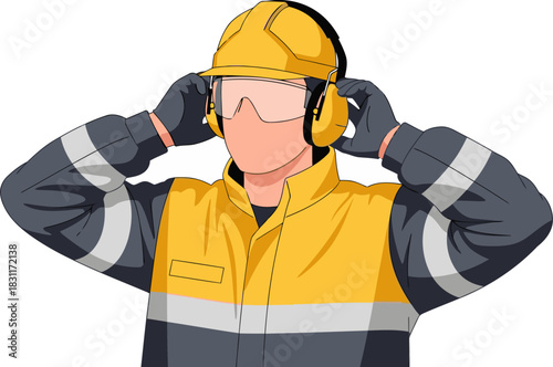 A construction worker protects their ears with hearing protection, wearing a safety helmet, gloves, and glasses. Bright, professional illustration.