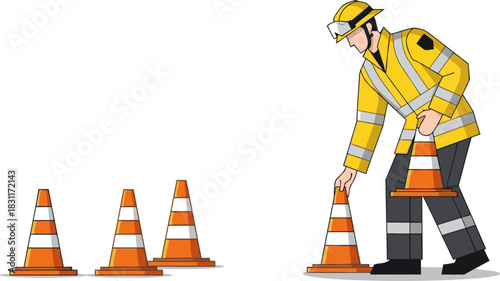 A construction worker secures a road zone with cones. Bold colors and clear composition create a strong visual. Ideal for safety and infrastructure themes.