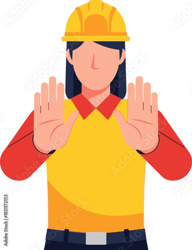 Construction worker signals STOP, DROP, ROLL. Clear, bright illustration with a safety focus. Ideal for training materials and informational graphics.