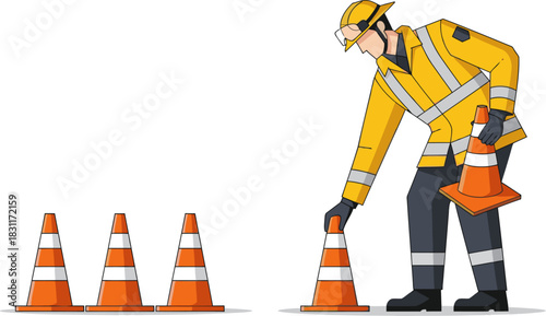 A construction worker secures a traffic cone, ensuring a safe work zone. Bright colors and clear composition for commercial use.