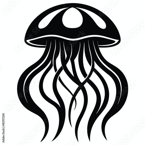Stunning jellyfish with gracefully cascading tentacles is depicted in a monochrome format