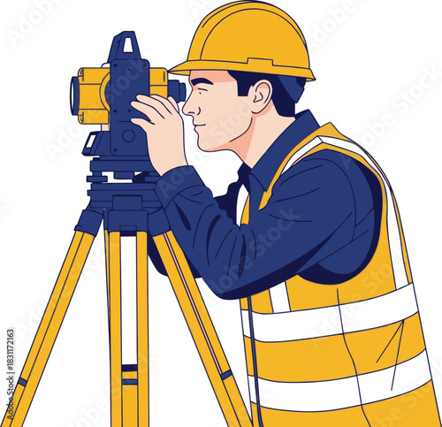 A construction worker uses a surveying instrument to check site levels. Clear, professional image for construction, engineering, and surveying projects.