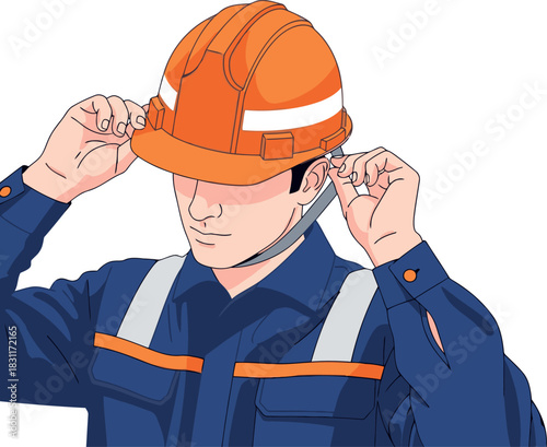 Construction worker wearing a hard hat, demonstrating proper safety. Bright orange helmet against a blue work shirt. Focus on safety and professionalism. Clear, modern illustration.