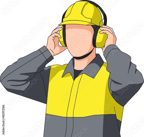 Construction worker wearing hearing protection, shielding ears. Bright yellow and gray safety gear. Focus on safety and protection. Clean, modern illustration.