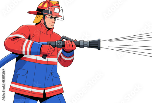 A determined firefighter uses a hose to sweep a side street during a simulated emergency. Bold colors and dynamic action create a striking visual.