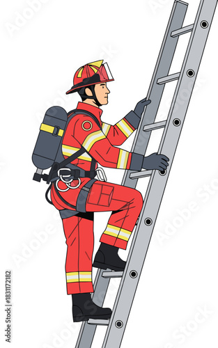 Firefighter ascends a ladder, wearing protective gear and a breathing apparatus. Illustrative graphic emphasizes safety and climbing techniques. Clean, modern style.