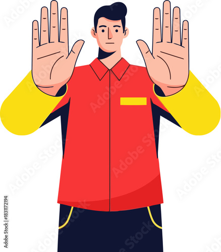 A male figure blocks a drop roll with outstretched hands, displaying 'STOP DROP ROLL'. Modern, flat illustration style. Clear, impactful visual.