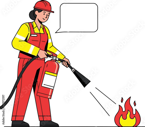 Female firefighter aims a hose at a fire, emphasizing safety and action. Bold colors and clear composition for impactful visuals.