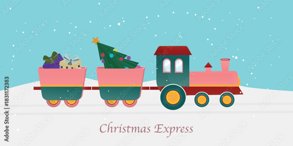 Obraz premium A festive Christmas train carrying gifts and a decorated tree in a snowy landscape. Cute holiday illustration perfect for greeting cards, posters, children’s designs, seasonal banners, and winter proj