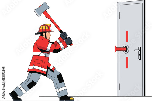 Firefighter uses an axe for forcible entry. Dramatic action shot with a clear focus on the tool and professional attire. Suitable for safety, emergency, and law enforcement themes.
