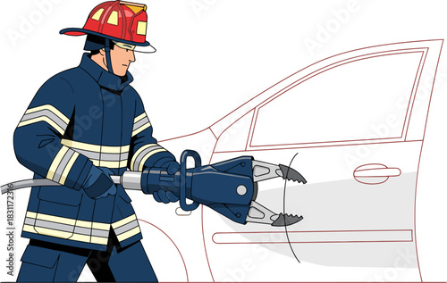 Firefighter uses hydraulic spreaders to extricate a vehicle. Focused action shot, clear composition, professional rescue operation.