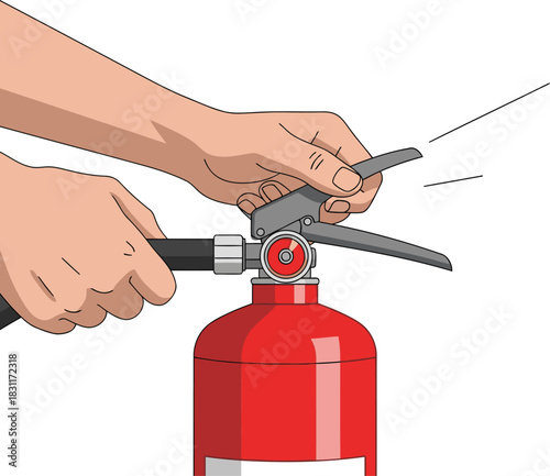 A hand demonstrates how to use a fire extinguisher. Clear, bright illustration with a focus on the squeeze handle. Ideal for safety and emergency instruction visuals.