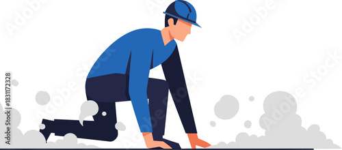 A man crawls under smoke, conveying a sense of urgency and danger. The illustration features a stylized figure and smoke effect, suitable for conveying risk or challenge.