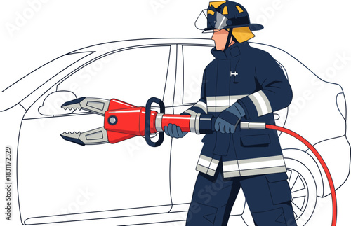 Firefighter uses hydraulic spreaders to extricate a vehicle. Dynamic rescue operation, clear composition, professional imagery.