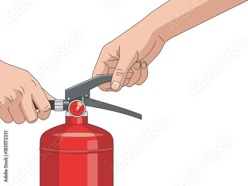 Hands operate a fire extinguisher, demonstrating proper usage. Clear, bright illustration with a focus on the squeeze handle. Ideal for safety training visuals.